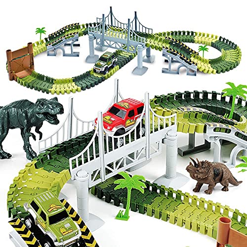 AUUGUU Kids Dinosaur Race Car Track with Flexible Track, Dino Toys, Bridge, Ramps and 2 Race Car Toys – Prehistoric Race Track for Kids Age 3-5 AUUGUU Kids Dinosaur Race Car Track with Flexible Track, Dino Toys, Bridge, Ramps and 2 Race Car Toys – Prehistoric Race Track for Kids Age 3-5